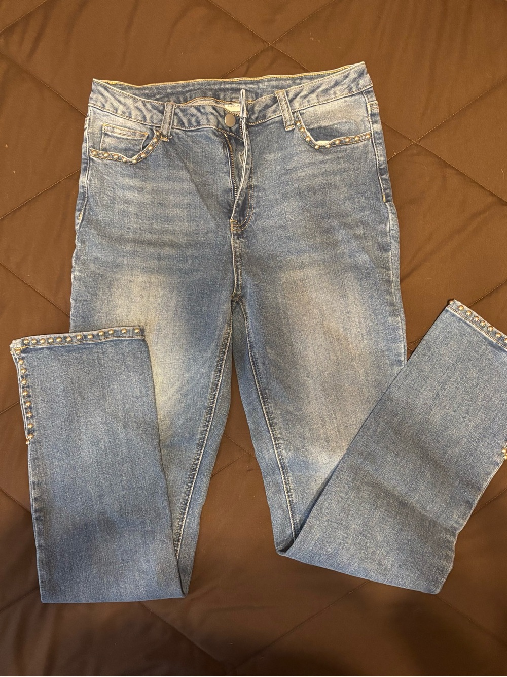 Light Blue Skinny Jeans with Stud Trim - Women's